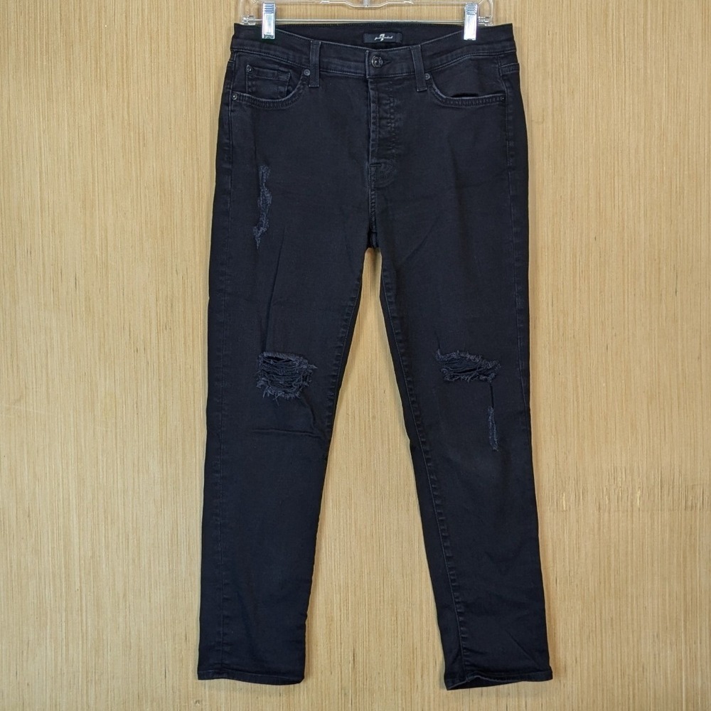 7 For All Mankind‎ Josefina Slim Boyfriend Jeans Black Distressed Denim Size 30